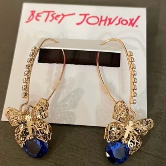 Betsey Johnson Blue Crystal Butterfly Drop Earrings – Sparkling Statement NWT - Picture 2 of 5